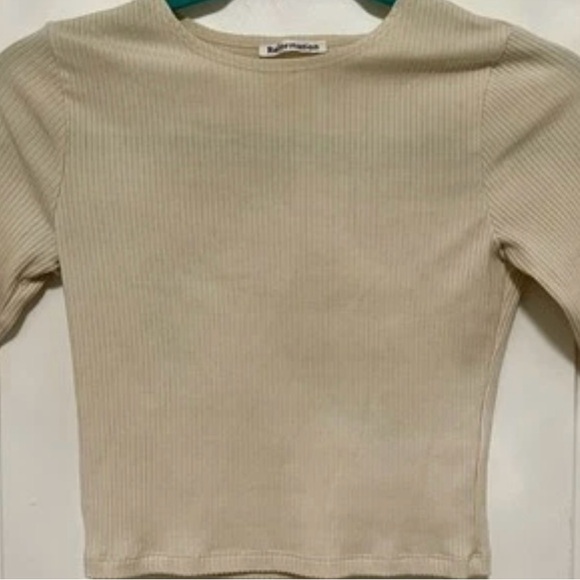 Reformation Beige Cropped Knit Top Short Sleeve Fitted Minimalist Sustainable XS - Picture 2 of 9